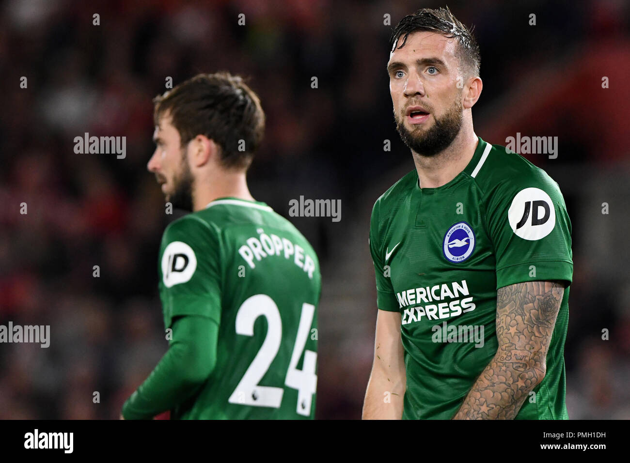 Shane Duffy of Brighton & Hove Albion - Southampton v Brighton & Hove Albion, Premier League, St Mary's Stadium, Southampton - 17th September 2018  STRICTLY EDITORIAL USE ONLY - DataCo rules apply - The use of this image in a commercial context is strictly prohibited unless express permission has been given by the club(s) concerned. Examples of commercial usage include, but are not limited to, use in betting and gaming, marketing and advertising products. No use with unauthorised audio, video, data, fixture lists, club and or league logos or services including those listed as 'live' Stock Photo