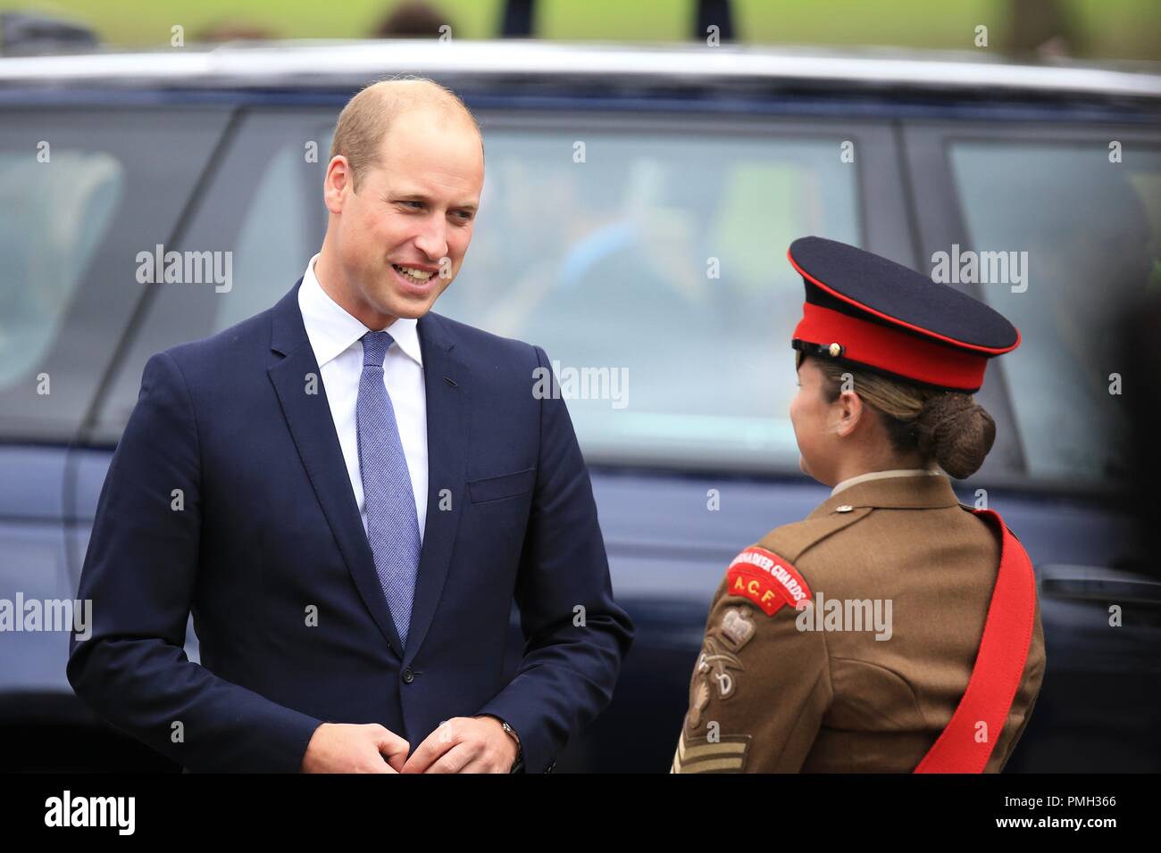 Stourbridge, West Midlands, UK. 18th September, 2018. The Duke of Cambridge, Prince William, meets admirers as visits Stourbridge to unveil a new statue of Frank Foley, often called the 'British Schindler'. Major Foley was an undercover British spy based in Berlin where he provided documents to help 10,000 Jewish men, women and children escape before the Second World War. Peter Lopeman/Alamy Live News Stock Photo