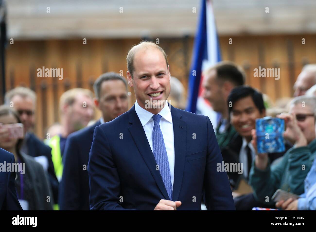 Stourbridge, West Midlands, UK. 18th September, 2018. The Duke of Cambridge, Prince William, meets admirers as visits Stourbridge to unveil a new statue of Frank Foley, often called the 'British Schindler'. Major Foley was an undercover British spy based in Berlin where he provided documents to help 10,000 Jewish men, women and children escape before the Second World War. Peter Lopeman/Alamy Live News Stock Photo