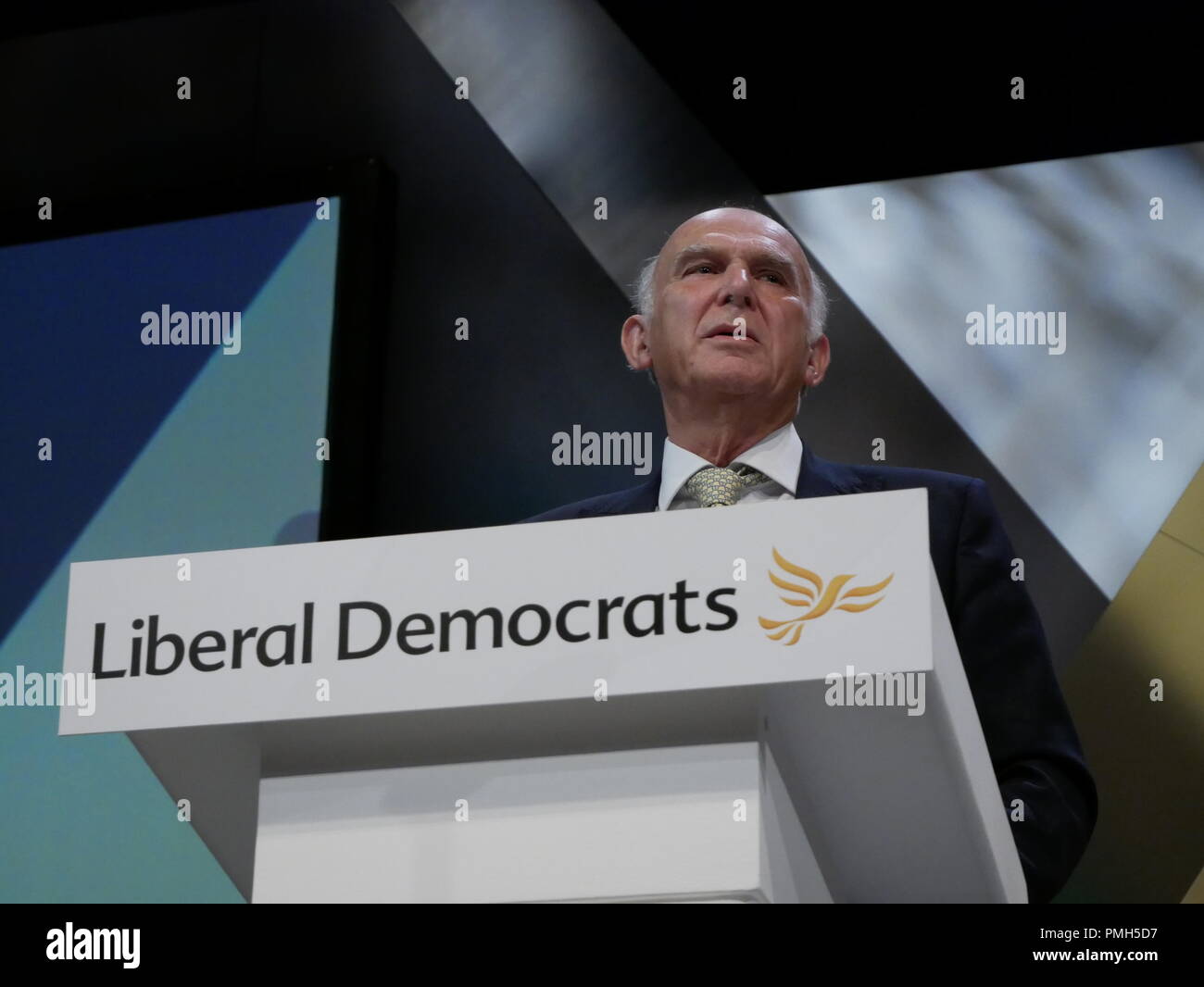 Brighton, UK. 18th September 2018. Lib Dem Leader Sir Vince Cable MP addresses Liberal Democrats at their Autumn 2018 Conference in Brighton. Stock Photo
