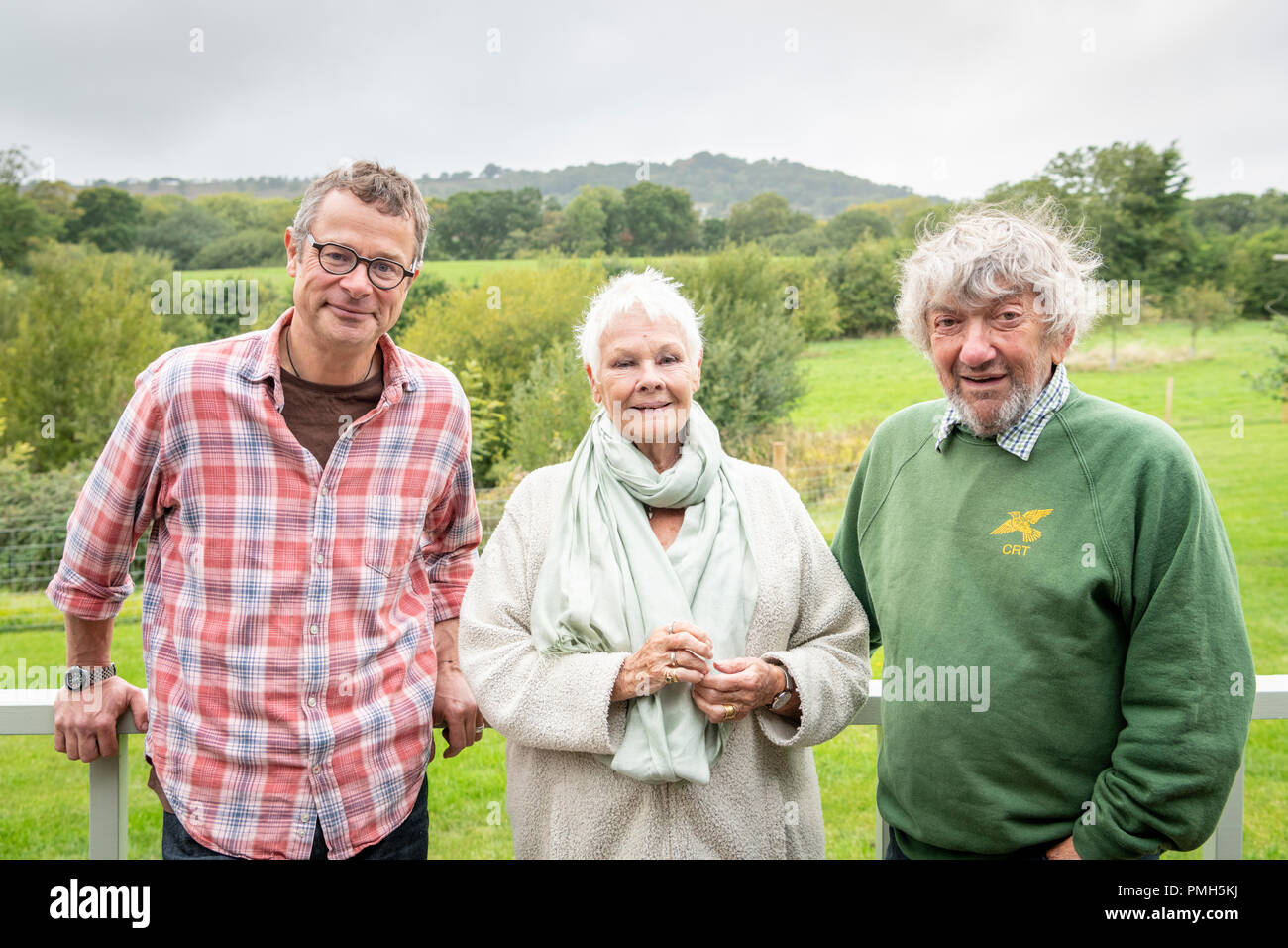 Babers Farm, Marshwood, Dorset UK 18th September 2018. Dame Judi Dench (Trust Patron), Hugh Fearnley-Whittingstall and Robin Page (Trust Chairman) meet at the Countryside Restoration Trust Farm. This was one of several events marking the 25th Anniversary of the Trust whose aim is for conservation improvements to be carried out alongside practical farming and land management. Credit: Julian Eales/Alamy Live News Stock Photo