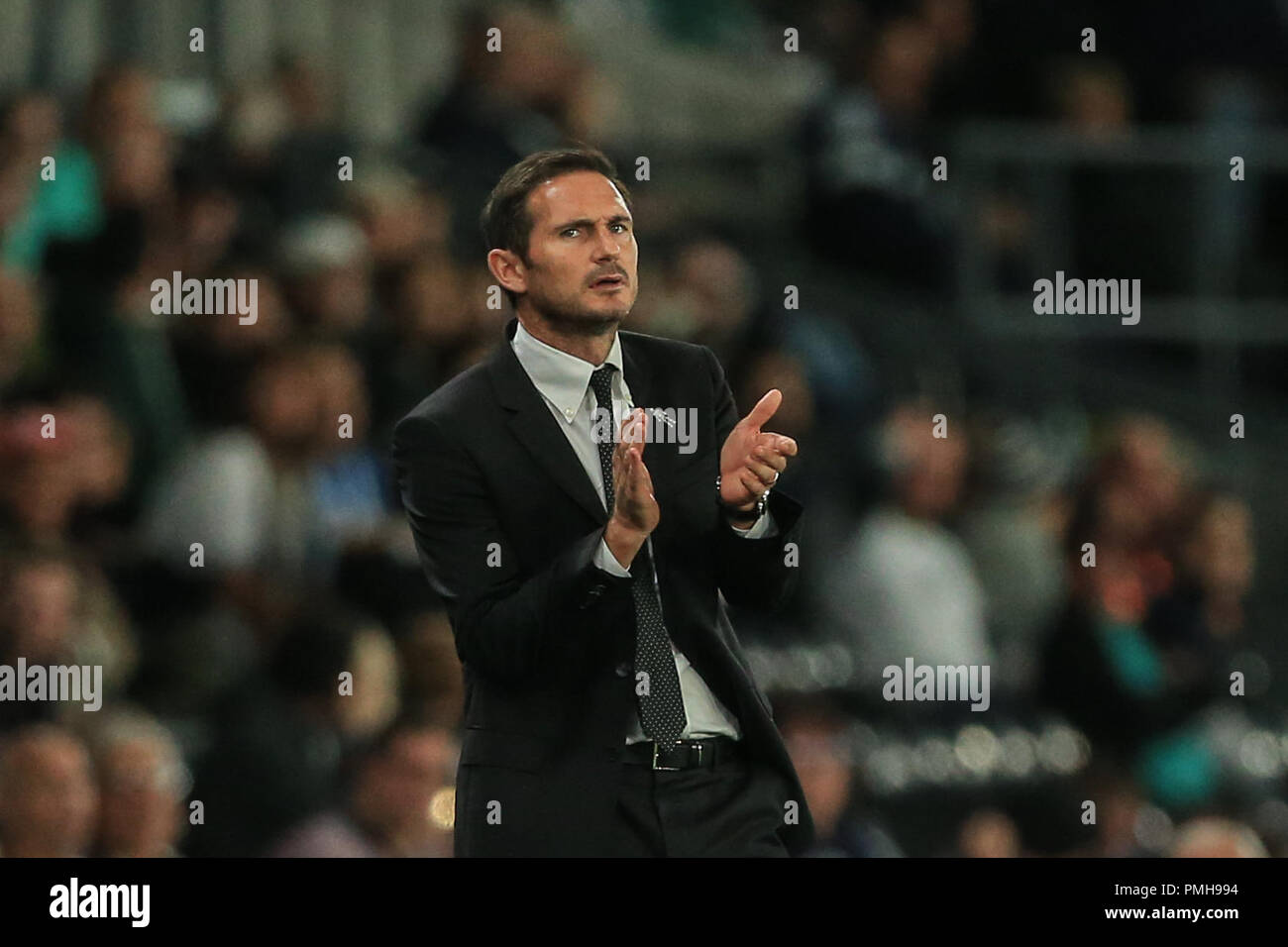 Derby, UK. 18th Sept, 2018.  Sky Bet Championship, Derby County v Blackburn Rovers ; Frank Lampard manager of Derby applauds his player after a good counter attack Credit: Mark Cosgrove/News Images EDITORIAL USE ONLY No use with unauthorised audio, video, data, fixture lists, club/league logos or 'live' services. Online in-match use limited to 45 images, no video emulation. No use in betting, games or single club/league/player publications and all English Football League images are subject to DataCo Licence Credit: News Images /Alamy Live News Stock Photo