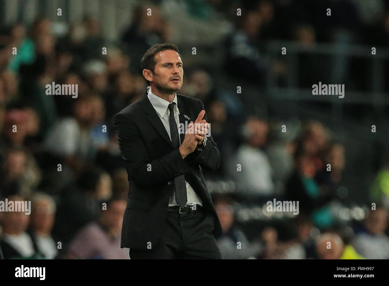 Derby, UK. 18th Sept, 2018.  Sky Bet Championship, Derby County v Blackburn Rovers ; Frank Lampard manager of Derby applauds his player after a good counter attack Credit: Mark Cosgrove/News Images EDITORIAL USE ONLY No use with unauthorised audio, video, data, fixture lists, club/league logos or 'live' services. Online in-match use limited to 45 images, no video emulation. No use in betting, games or single club/league/player publications and all English Football League images are subject to DataCo Licence Credit: News Images /Alamy Live News Stock Photo