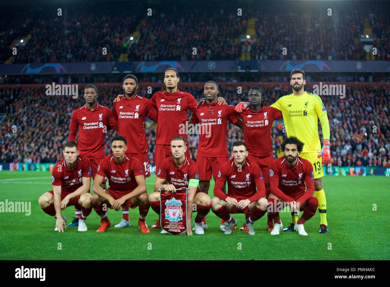 Liverpool. 19th Sep, 2018. Liverpool's players line-up for a team group  photo before the UEFA Champions League Group C match between Liverpool and  Paris Saint-Germain at Anfield Stadium in Liverpool, Britain on