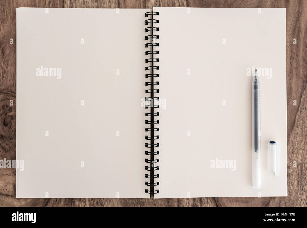 empty open diary and pen on wooden table Stock Photo