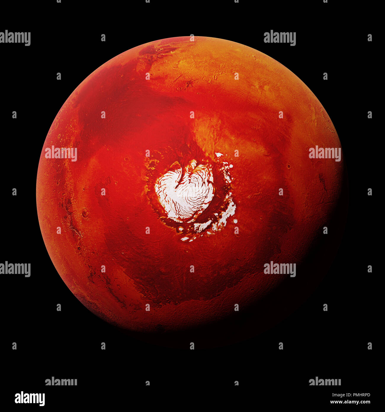 planet Mars, with the Red Planet's north polar ice cap, isolated on black background Stock Photo