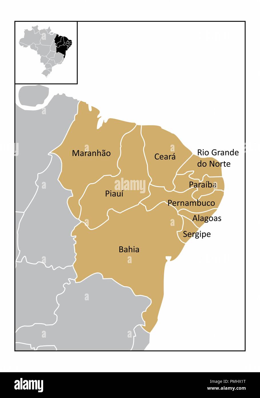 Map of the northeast region of Brazil with the identified states Stock Vector