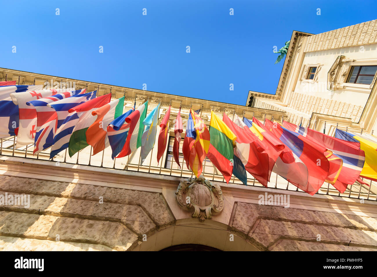 Wien, Vienna: palace Hofburg, flags of countries of Organisation for Security and Co-operation in Europe, OSCE, 01. Old Town, Wien, Austria Stock Photo