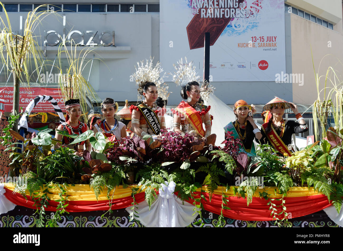 Native beauty queens at the Gawai parade in Kuching, Sarawak, Malaysia, Borneo Stock Photo