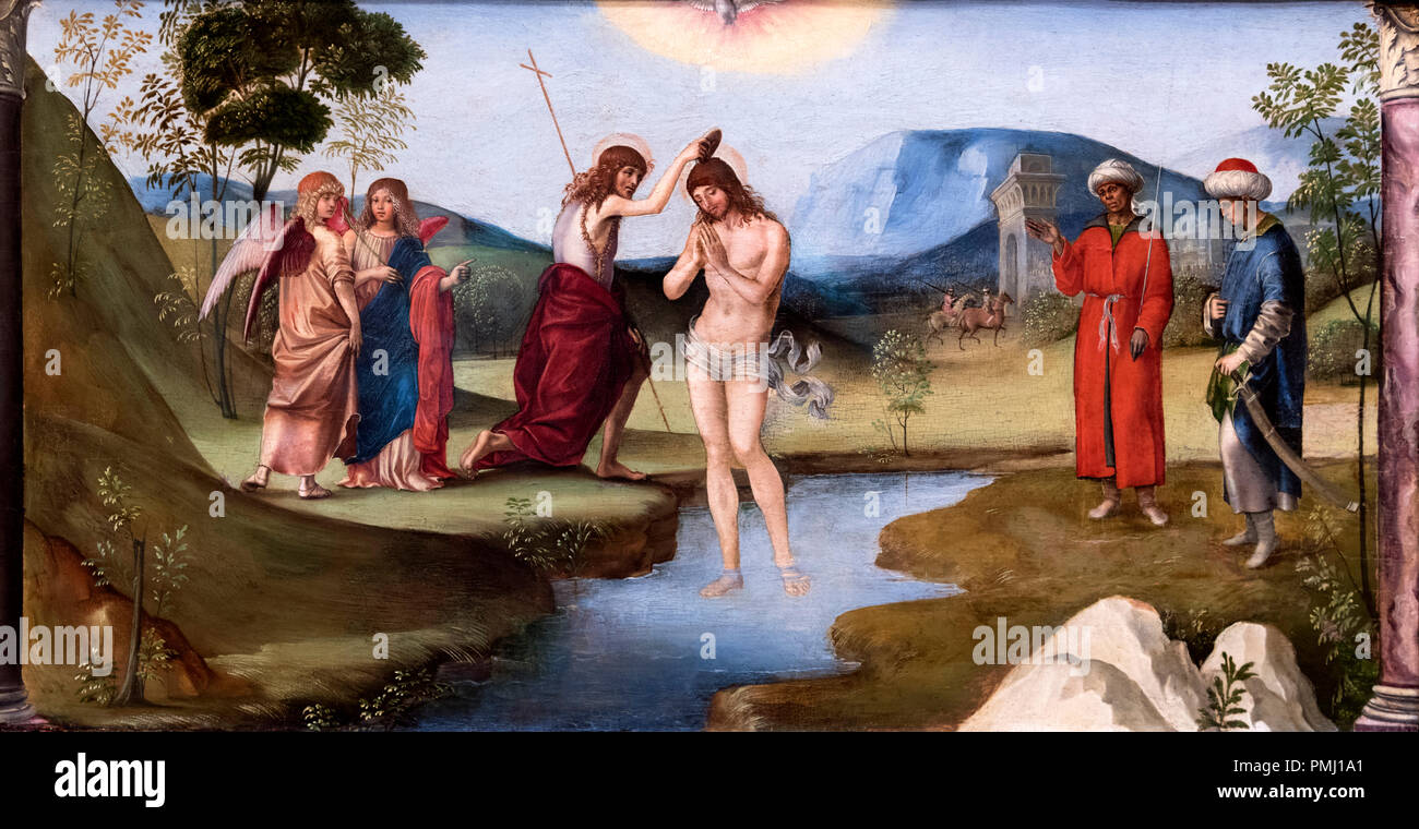 The Baptism of Christ by Francesco Francia (Francesco Raibolini: 1447-1517), oil on wood, c.1490 Stock Photo