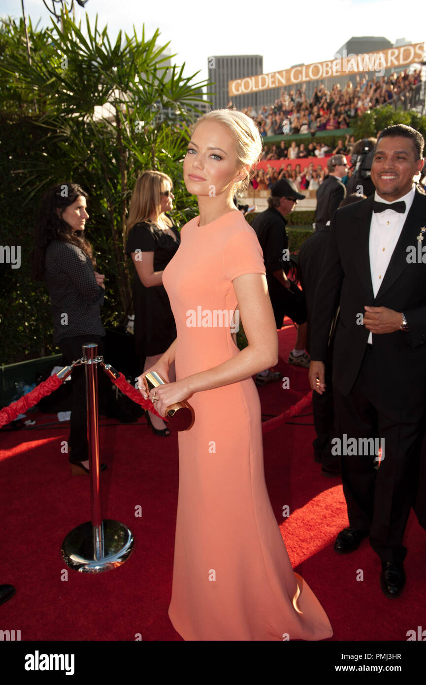 Nominated for BEST PERFORMANCE BY AN ACTRESS IN A MOTION PICTURE  COMEDY  OR MUSICAL for her role in Easy A, actress Emma Stone attends the 68th  Annual Golden Globes Awards at