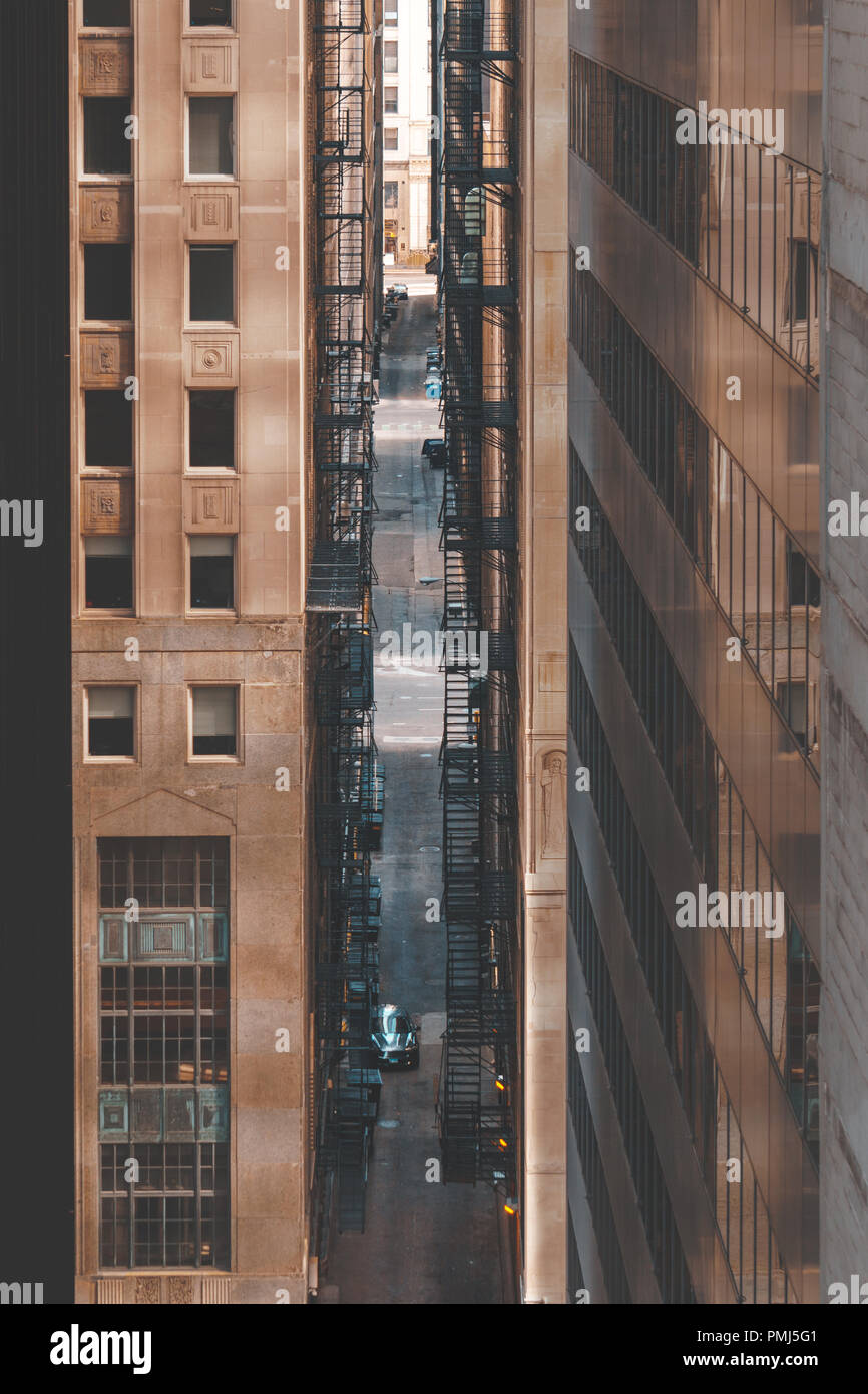 Close-up of Fire escapes between two skyscrapers, Chicago, Illinois, United States Stock Photo