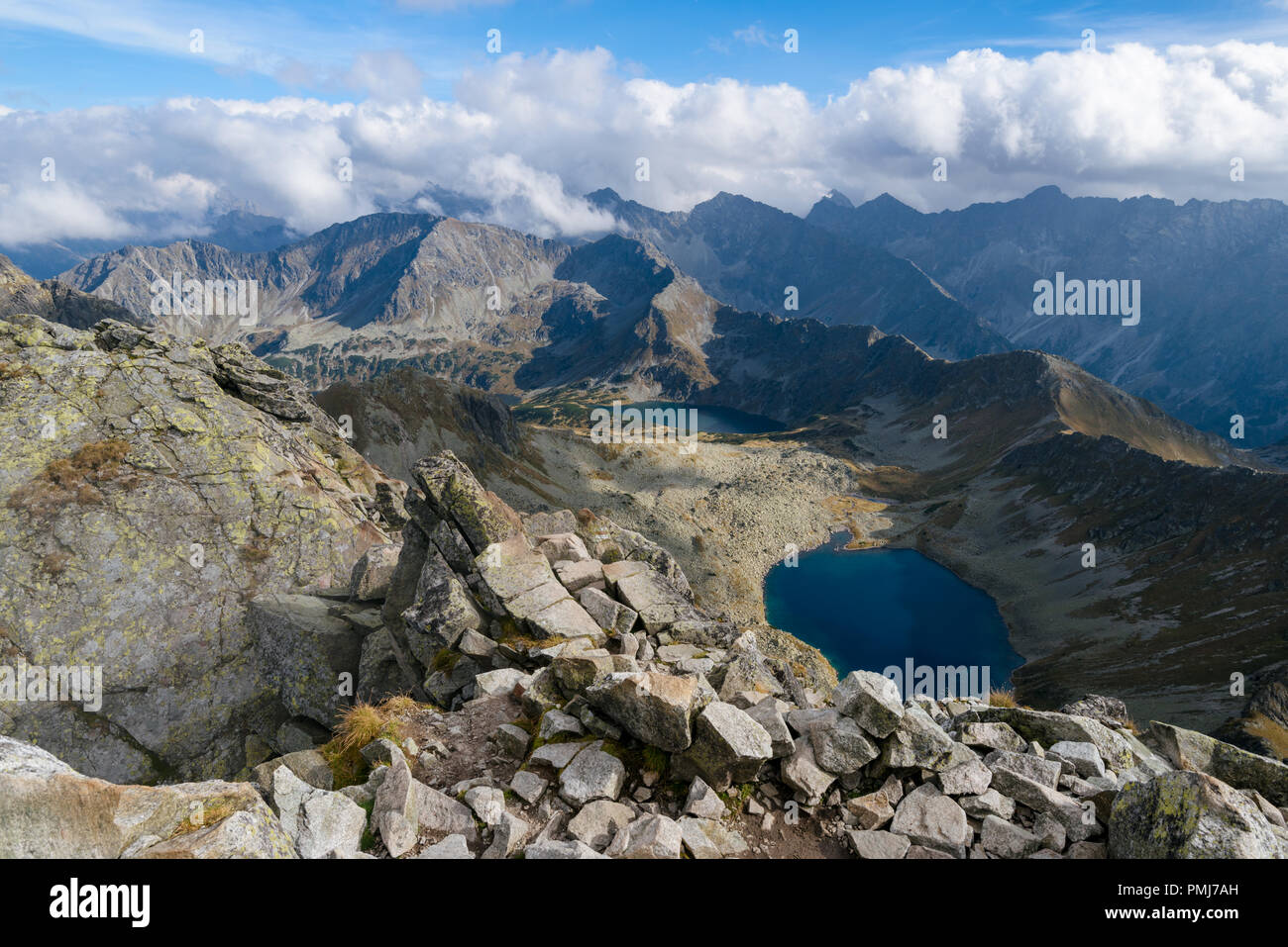 Landscape of Valley of the Five Lakes in the Tatra Mountain, Poland.  Zadni Staw Polski and the Czarny Staw Polski are visible. Stock Photo