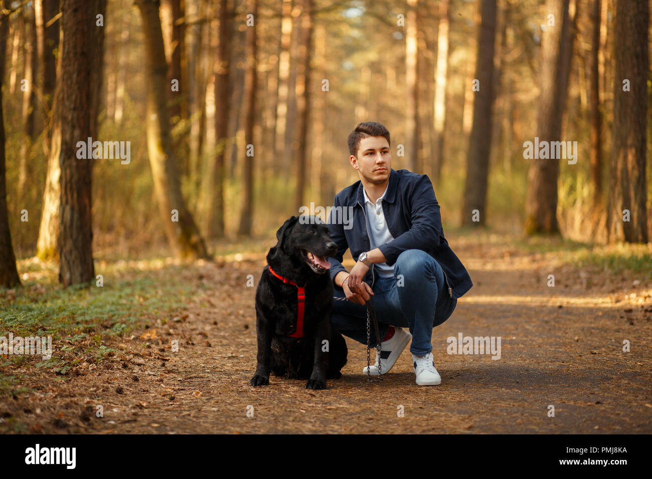 Stylish young guy with a dog in the park on a spring sunny day Stock ...