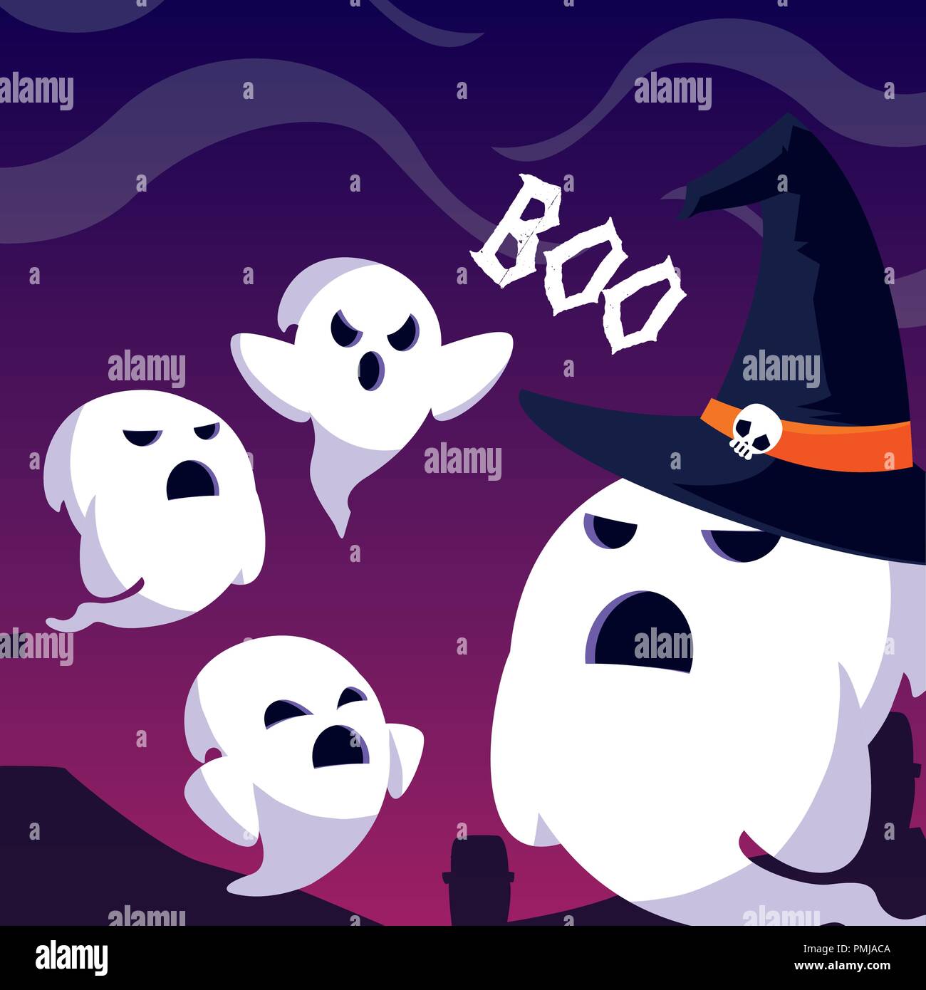 halloween card with ghost characters vector illustration design Stock ...