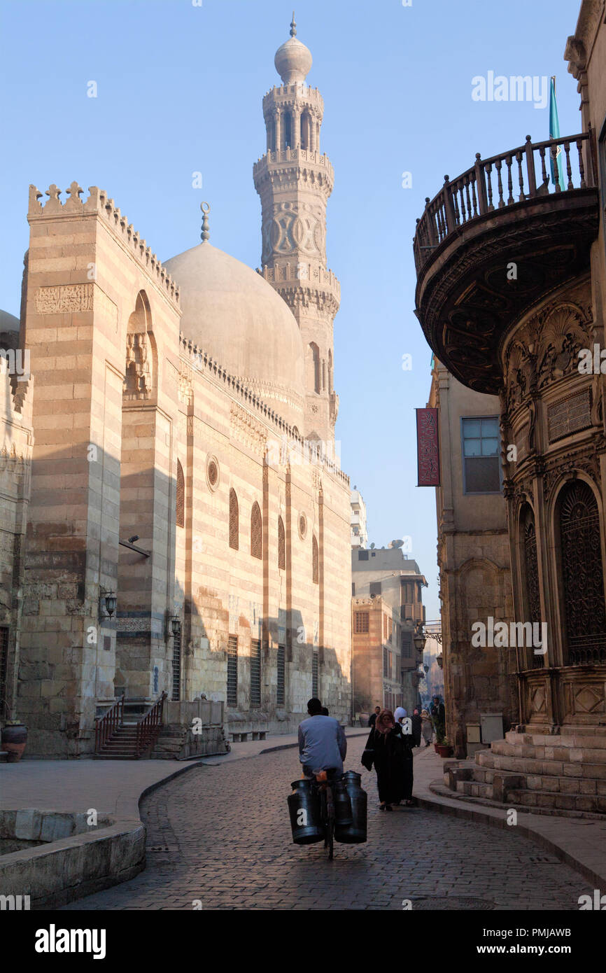 Medieval mosque and madrasah of Sultan Al-Nasir Muhammad ibn Qalawun on El Moez street  in the center of Cairo, Egypt Stock Photo