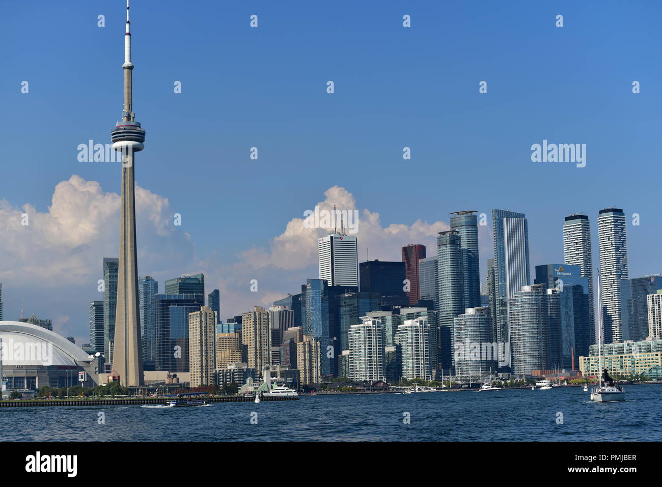 Toronto Downtown skyline featuring the famous CN Tower, as shot from the boat on Lake Ontario. Stock Photo
