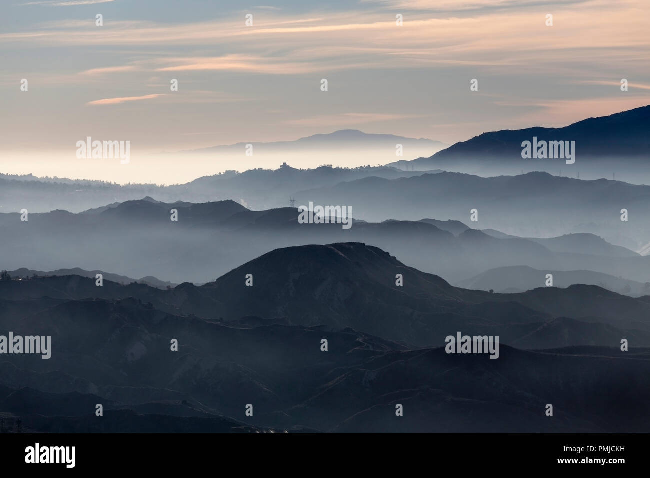 Misty hills and canyons in the San Gabriel Mountains foothills north of Los Angeles in scenic Southern California. Stock Photo