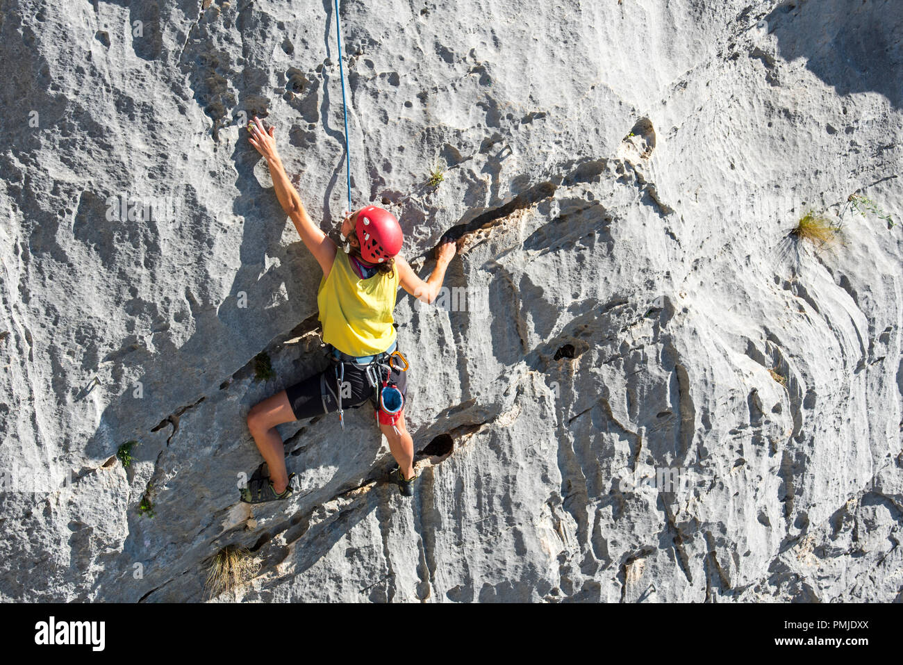 Female rock climber climbing rock face in the Gorges du Verdon / Verdon Gorge canyon, Alpes-de-Haute-Provence, Provence-Alpes-Côte d'Azur, France Stock Photo