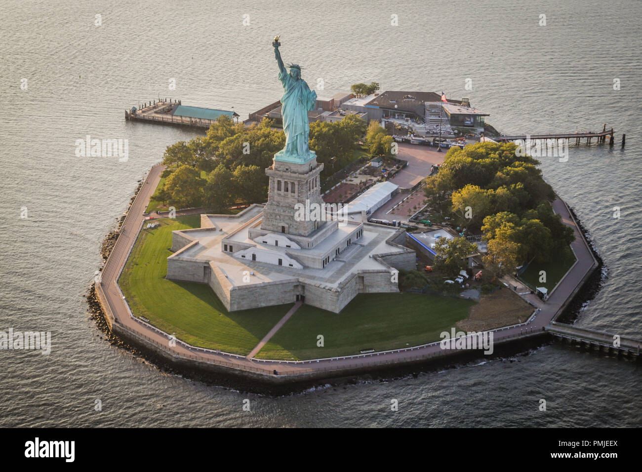 Aerial view of New York City's Statue of Liberty in the United States ...