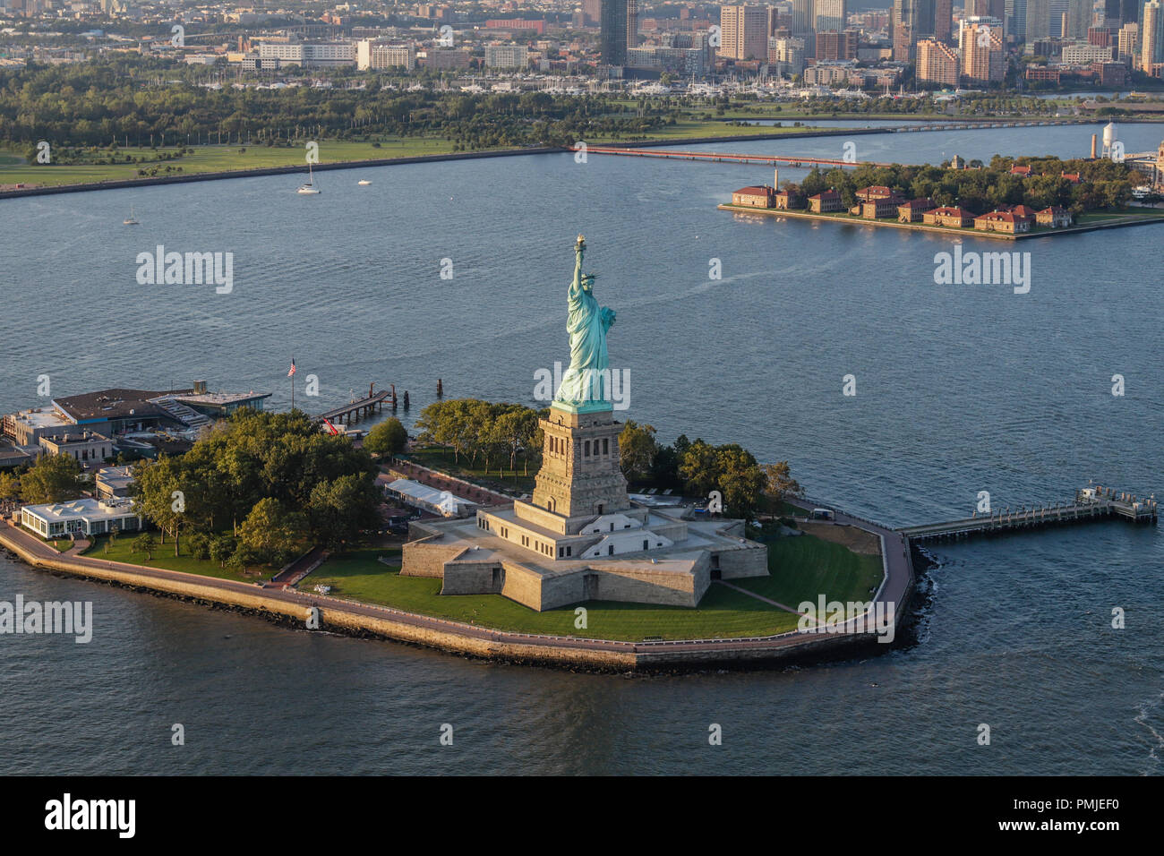 Aerial view of New York City's Statue of Liberty in the United States ...