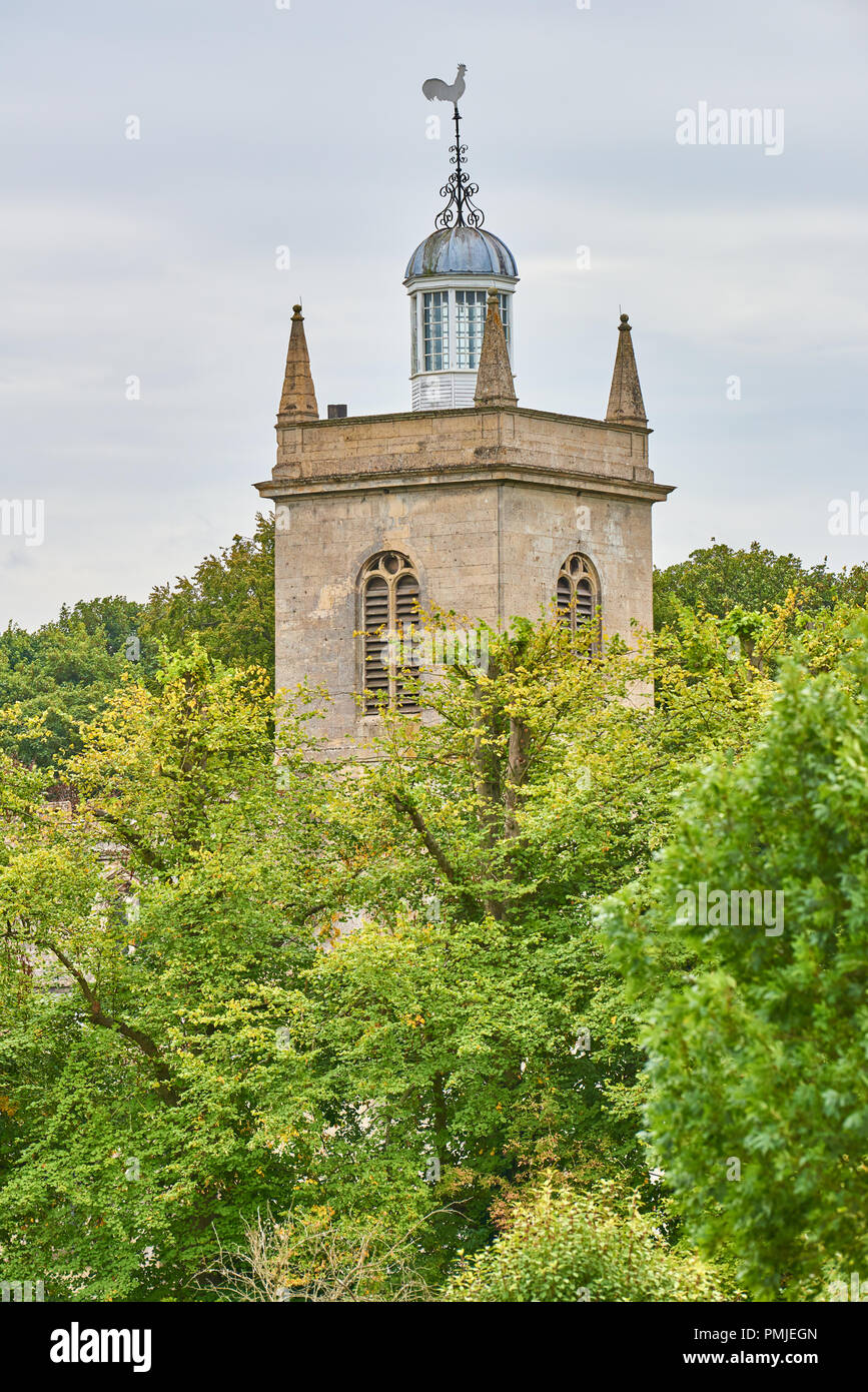 Tower and observation turret of the christian church in the village of Weldon, Northamptonshire