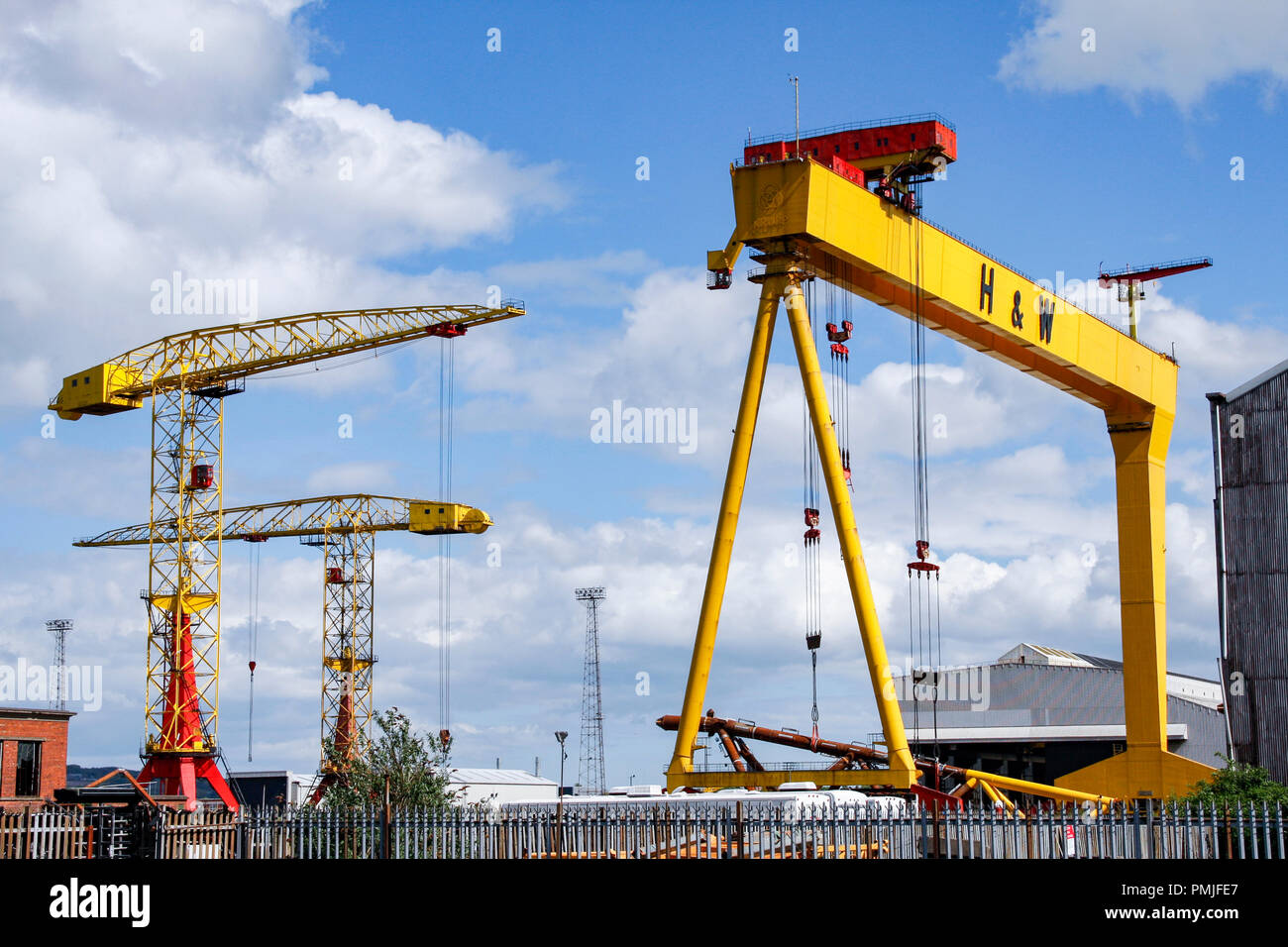 One of the famous yellow Harland and Wolff cranes at the shipyard in the Titanic Quarter of Belfast, Northern Ireland Stock Photo