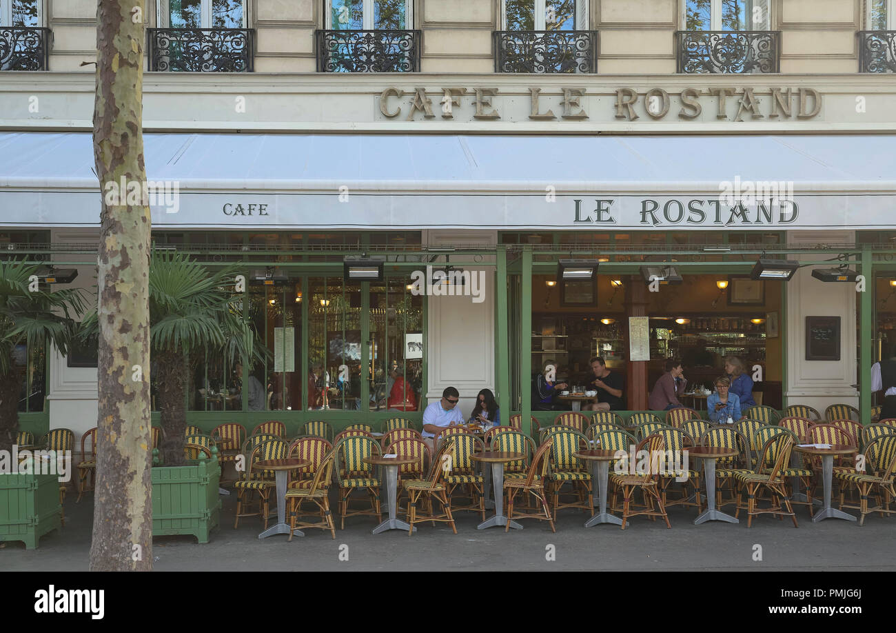 The traditional French cafe Le Rostand located near Luxembourg garden in historical centre of Paris, France. Stock Photo