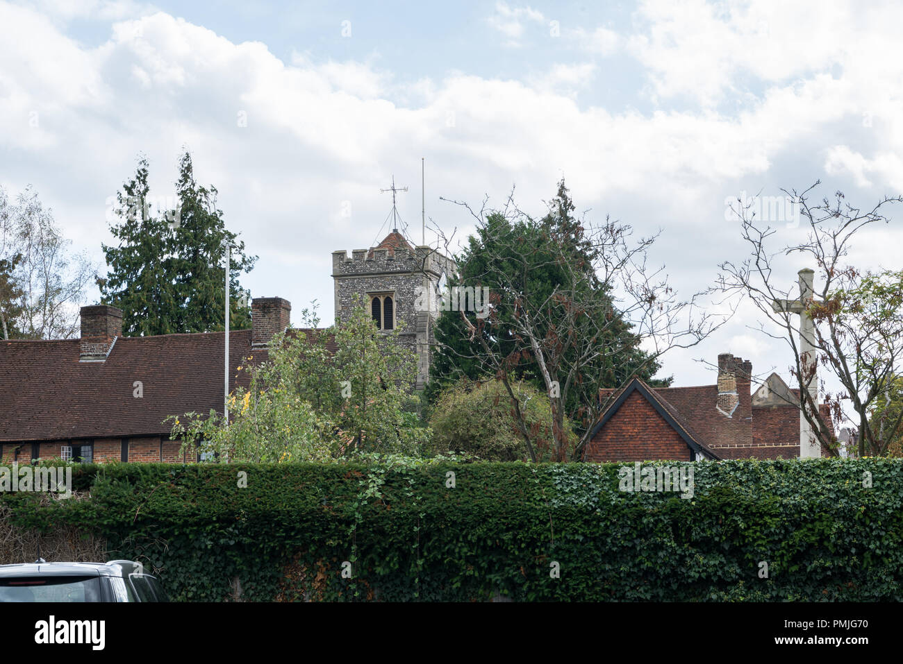 St. Martin's church tower and rooftops of adjacent buildings as viewed