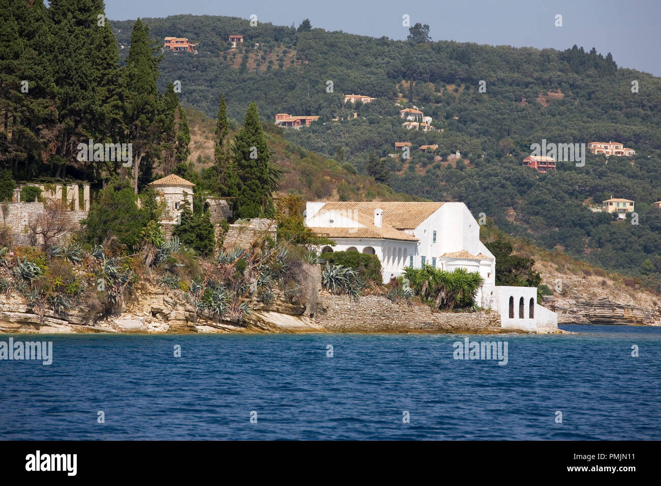 White villa, Kouloura, from the sea, Corfu, Greece Stock Photo Alamy