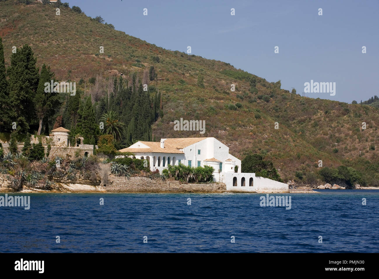 White villa, Kouloura, from the sea, Corfu, Greece Stock Photo Alamy