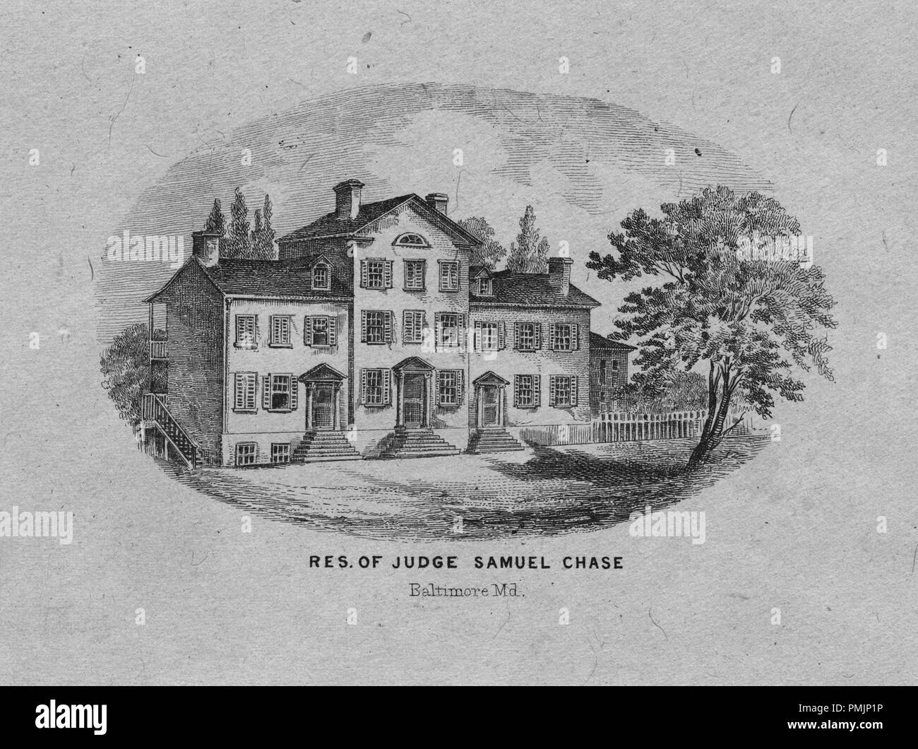 Engraving of Judge Samuel Chase residence in Baltimore Maryland, signer
