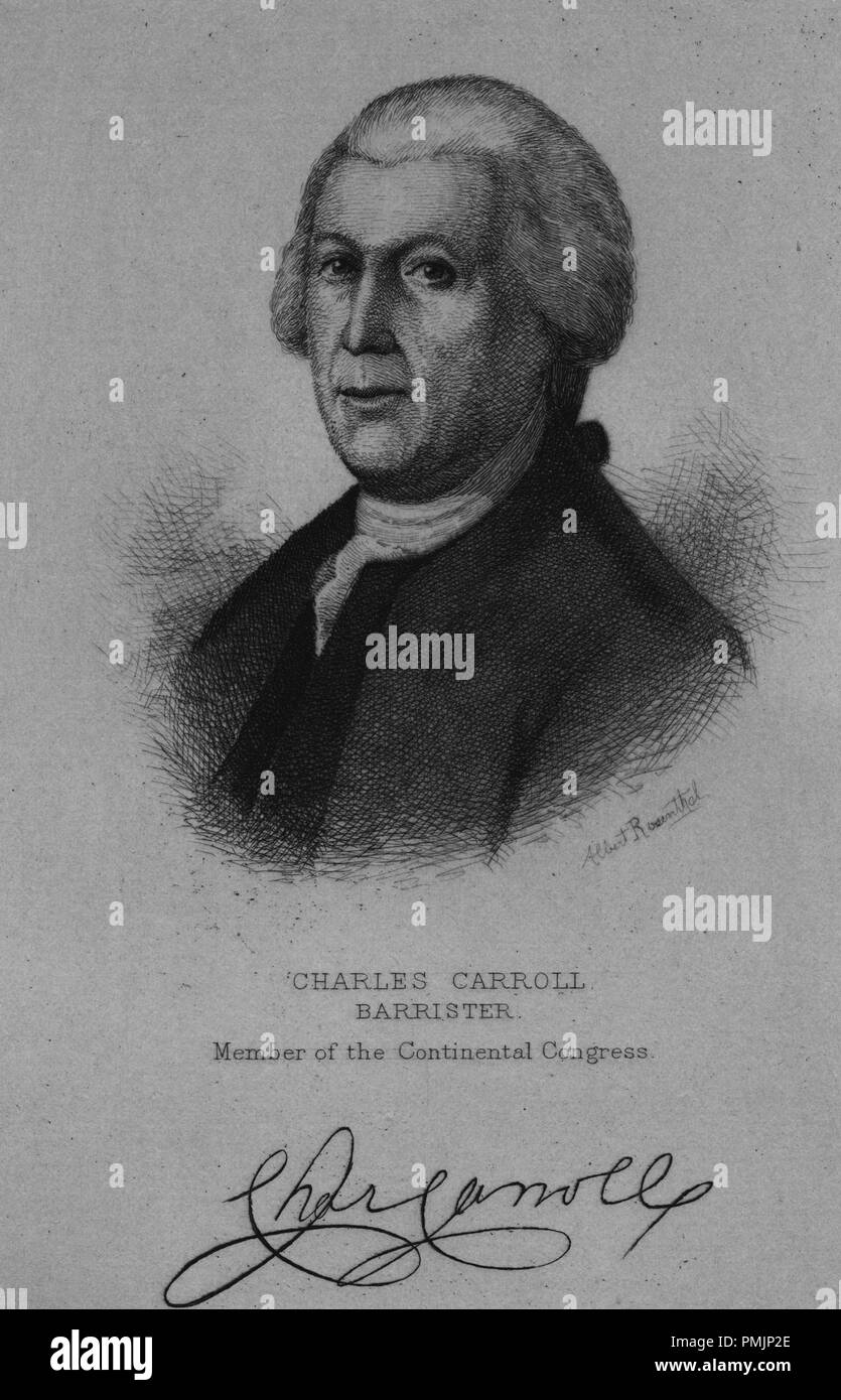 Engraved portrait of Charles Carroll, member of the Continental Congress, an American statesman from Annapolis, Maryland, 1885. From the New York Public Library. () Stock Photo