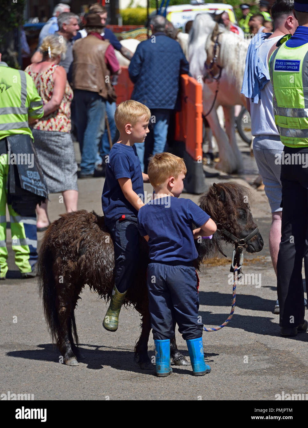 Two small Gypsy Traveller boys with miniature pony. Appleby Horse Fair 2018. The Sands, Appleby-in-Westmorland, Cumbria, England, United Kingdom. Stock Photo