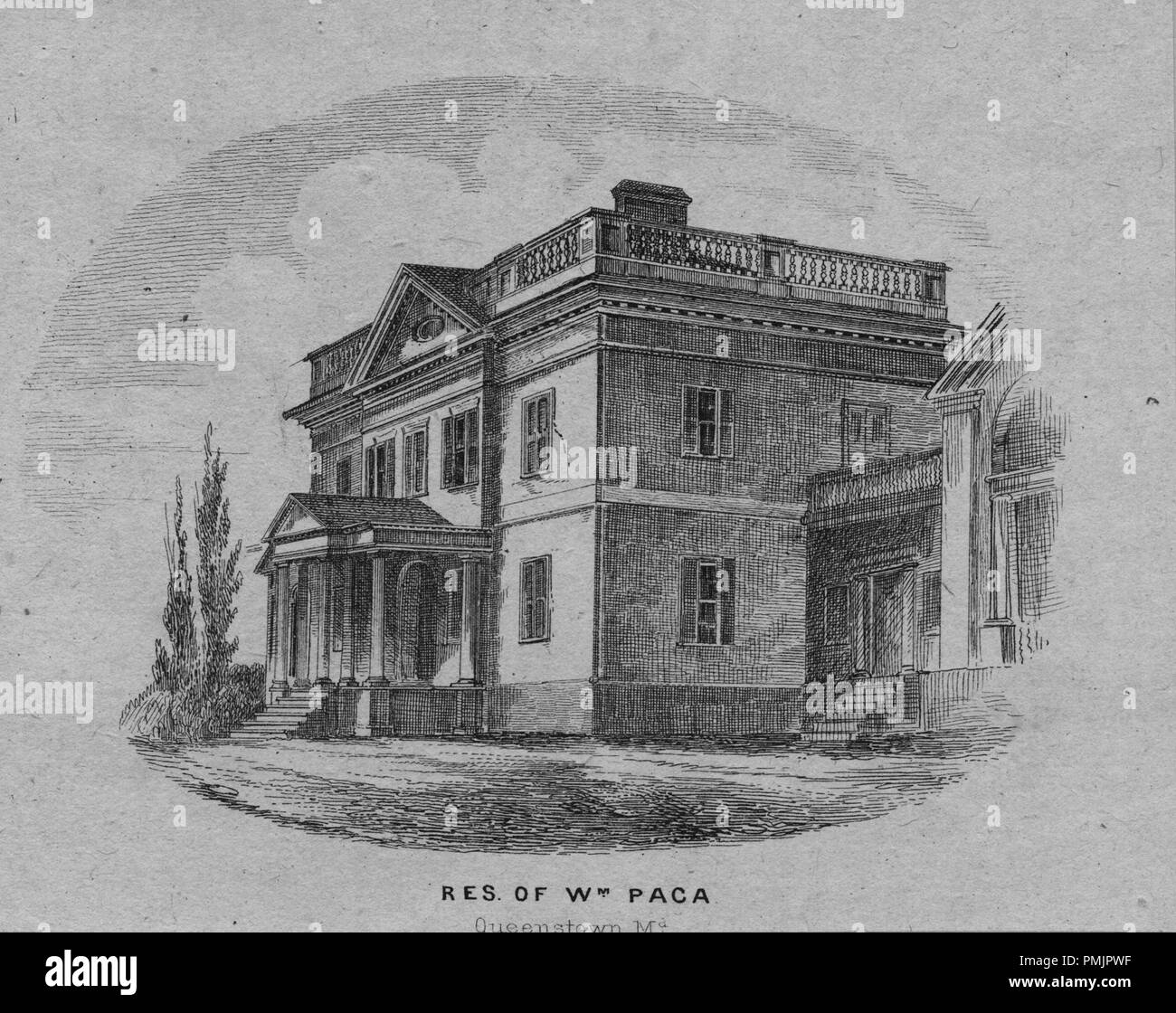 Engraving of William Paca residence in Queenstown, Maryland, signer of the United States Declaration of Independence and Governor of Maryland, 1865. From the New York Public Library. () Stock Photo