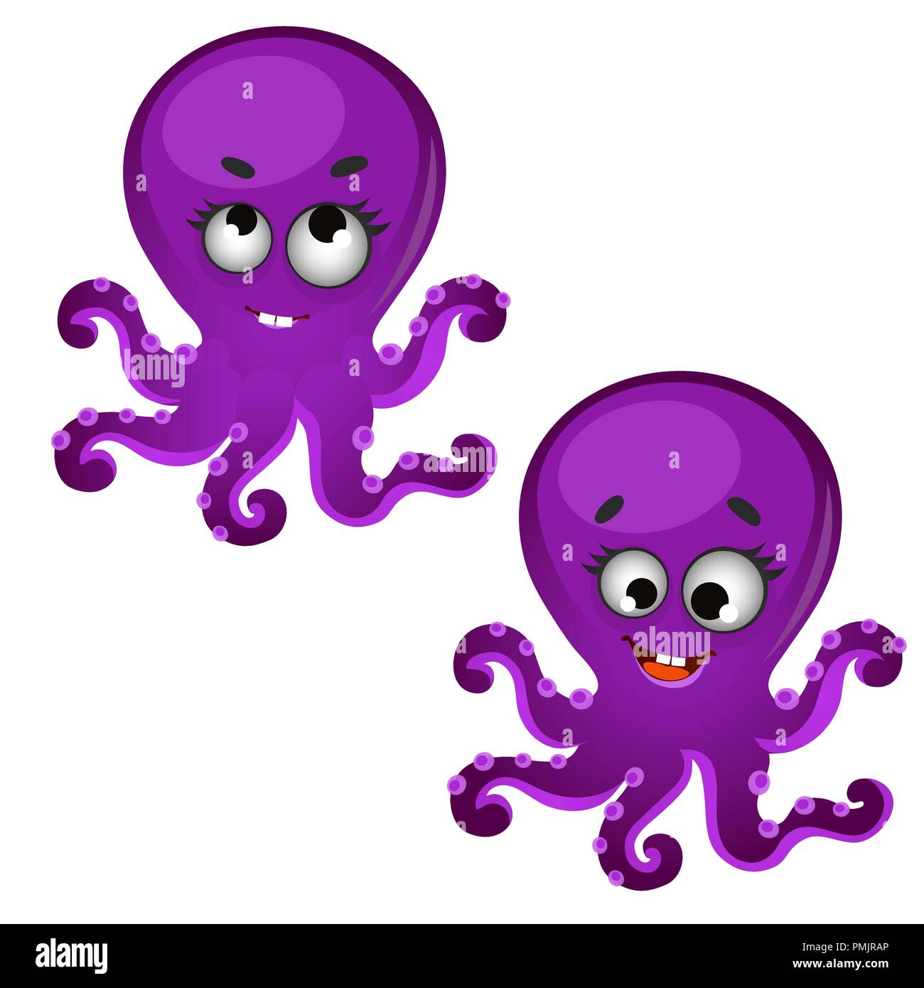 Set of funny laughing purple octopus isolated on white background. Vector cartoon close-up illustration. Stock Vector