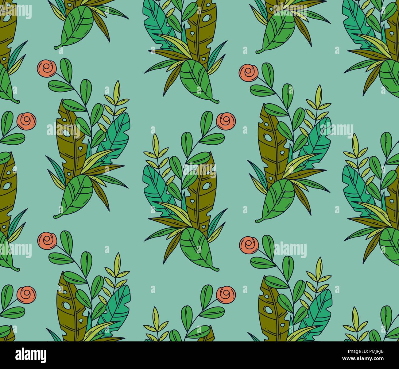 Vector seamless pattern of tropical leaves and flower Stock Vector ...