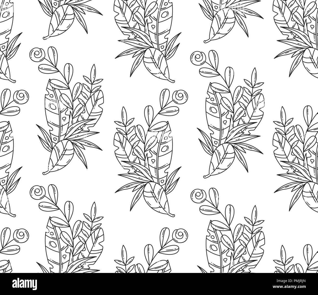 Vector balck and white seamless pattern of tropical leaves and flower ...