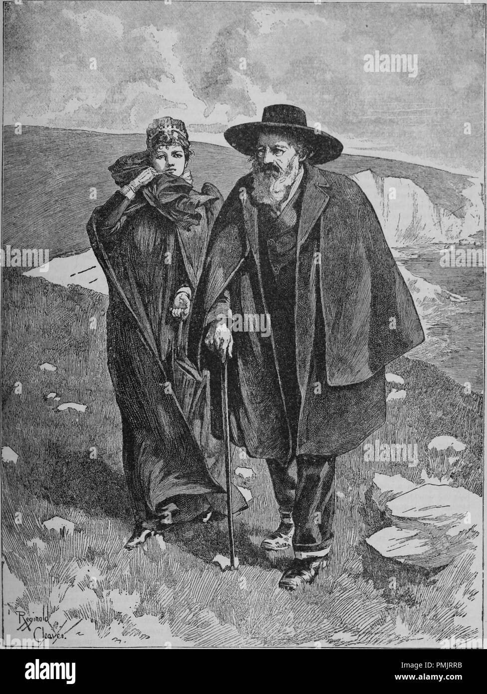 Engraving of Lord Tennyson followed by his nurse, walking on Freshwater downs at the Isle of Wight, from the book 'Review of reviews and world's work', 1890. Courtesy Internet Archive. () Stock Photo