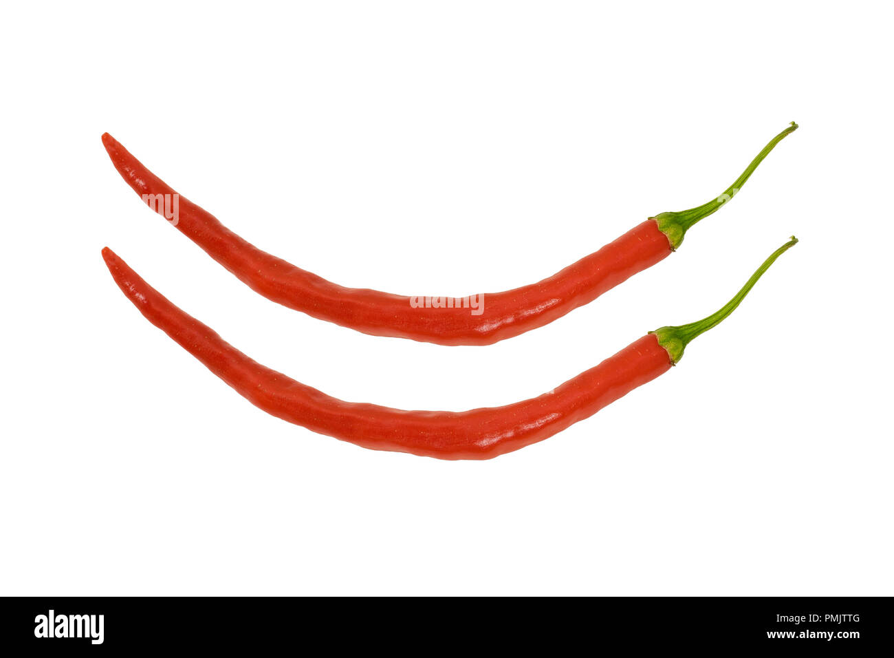 Hot Thai chili pepper 'Flame Hybrid' on a white background. Two (2) chilis. Stock Photo