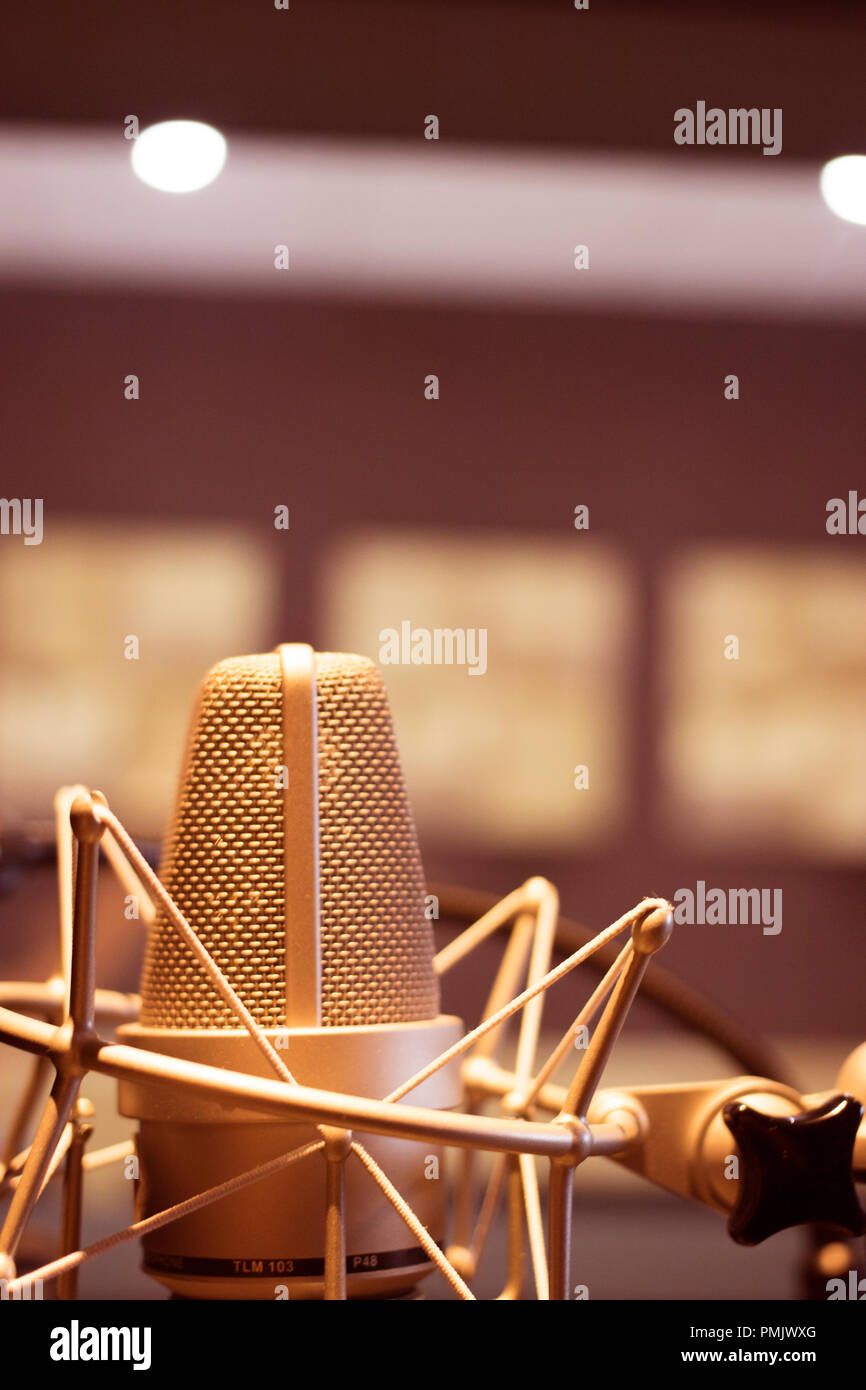 Recording audio studio microphone to record audio of voice, singing and