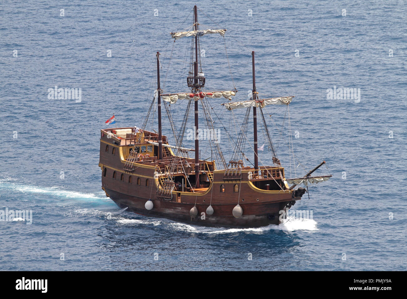 Medieval Pirate Ship Replica in Adriatic Sea Stock Photo