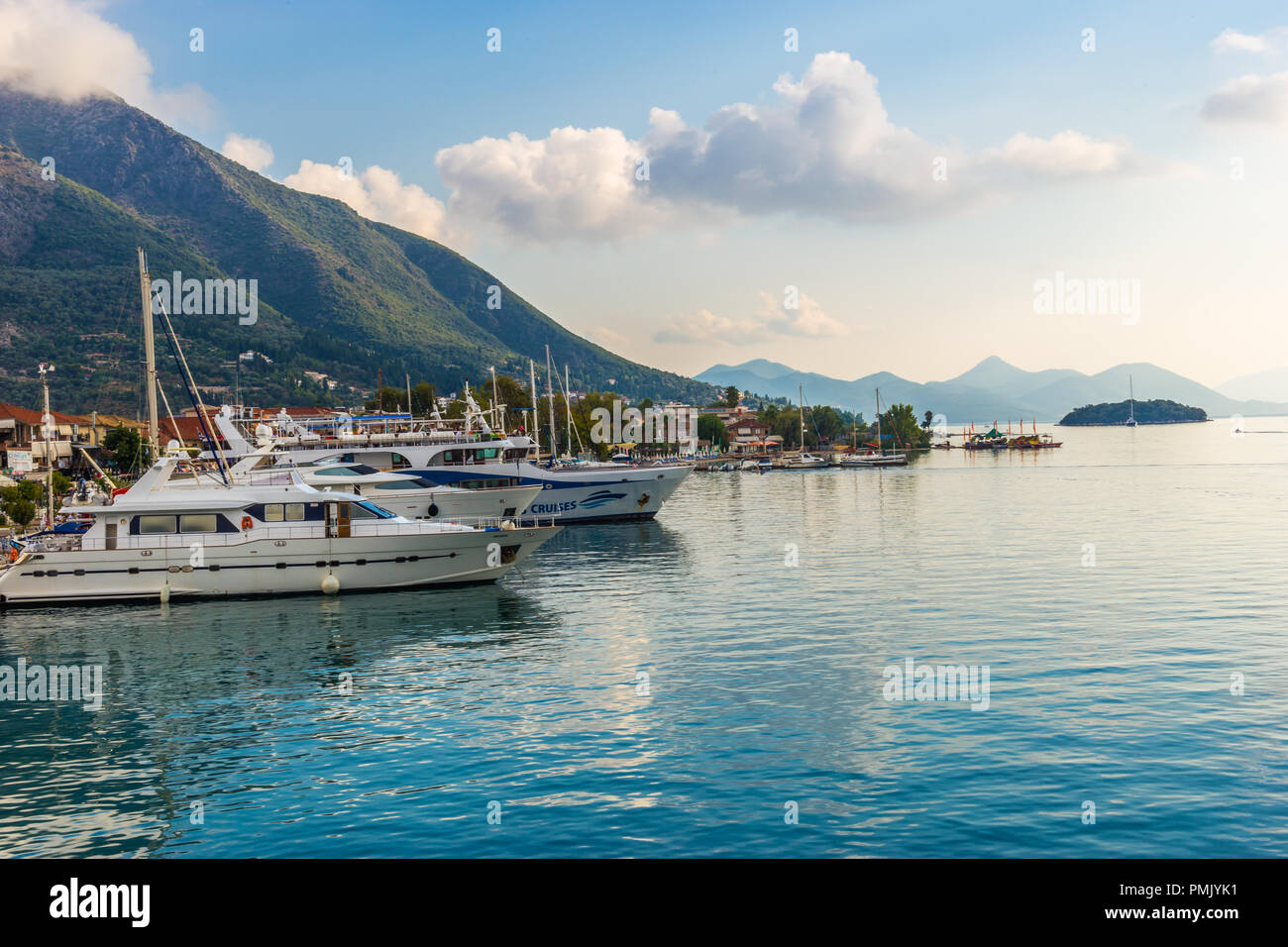 Colorful morning seascape of Nydri port, east side of Lefkada island, Greece, Europe. Traveling concept background. Stock Photo