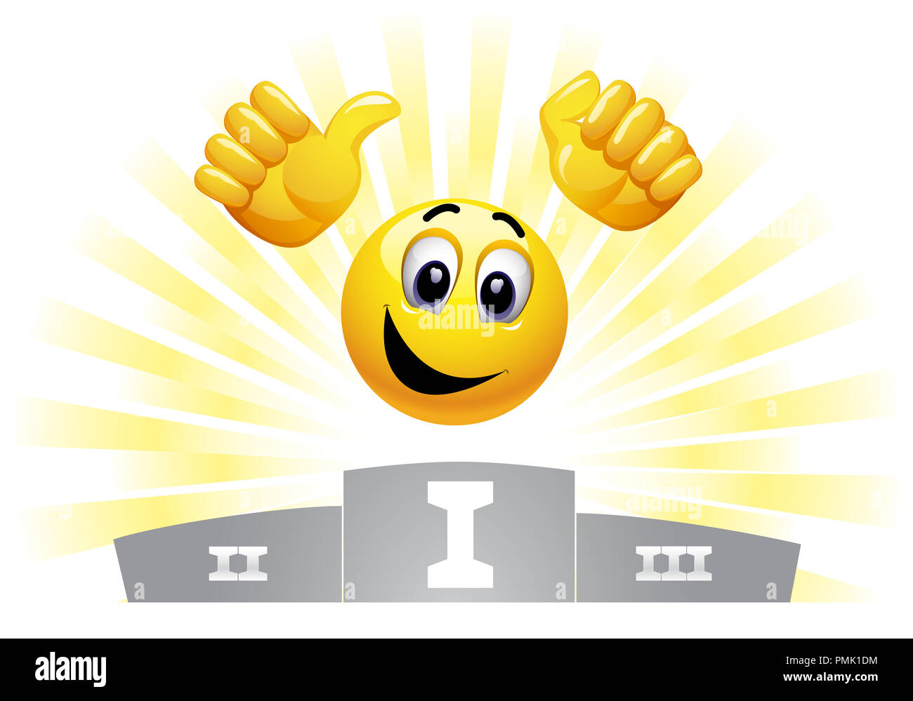 Smiley emoticon in the winners podium. Smiley take first place. Stock Photo