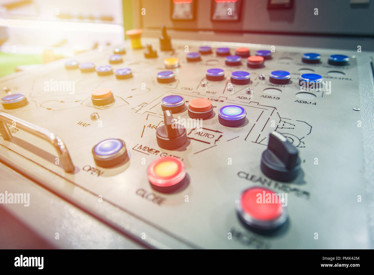 Industrial switch machine control panel remote and monitor factory system. Stock Photo