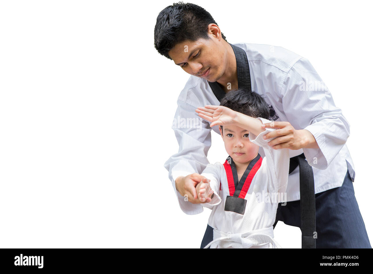 Teacher Black belt Taekwondo Fighter Kid Punch Guard Stand for Flight isolated on white background with clipping path Stock Photo