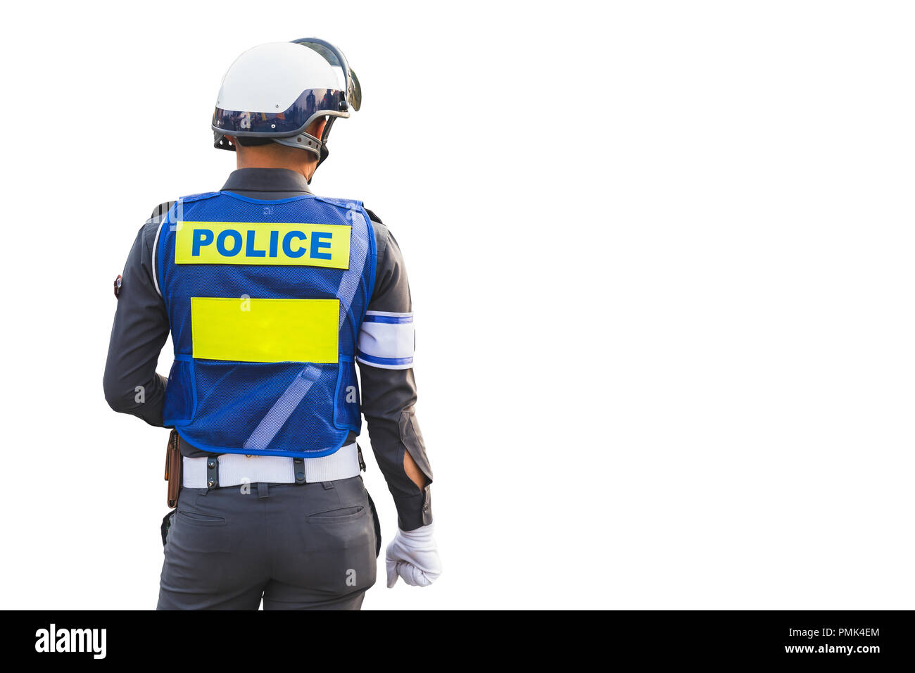 street police officer with uniform hard hat back view isolated on white Stock Photo