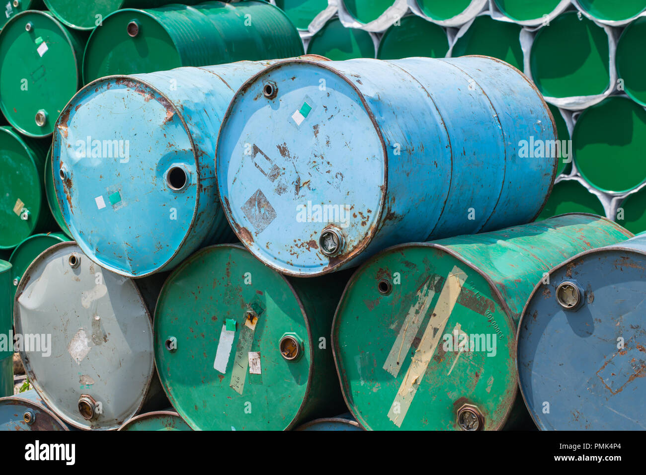 industry oil tank barrels old dirty in stack group Stock Photo