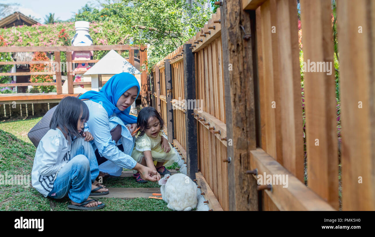 Young Muslim mother and her daughters play with rabbit Stock Photo