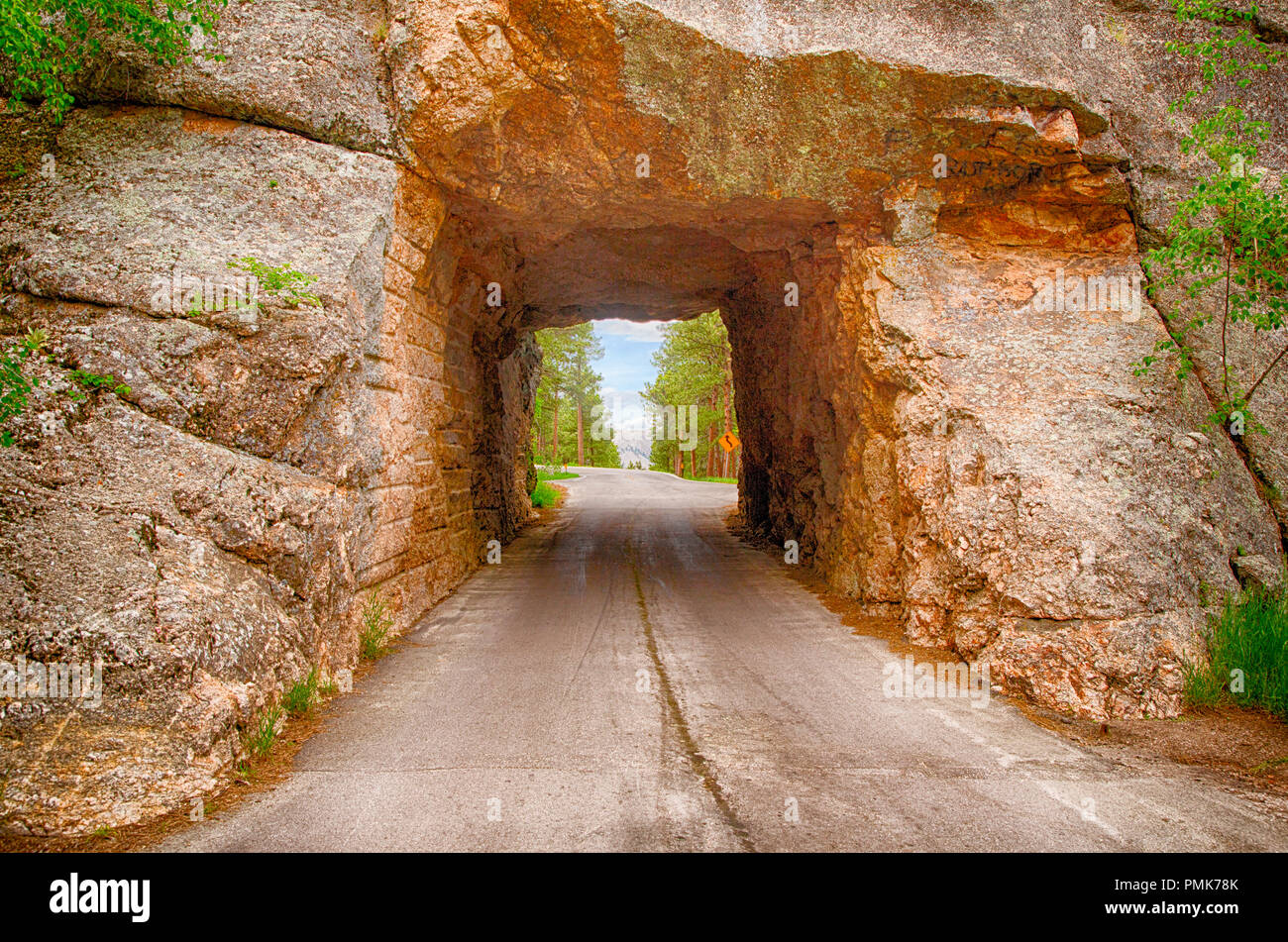 Mount Rushmore as seen from a tunnel on the iron mountain road Stock